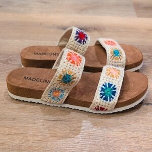 Madeline Beige Crochet Slide Sandals with Multicolor Embroidered Squares